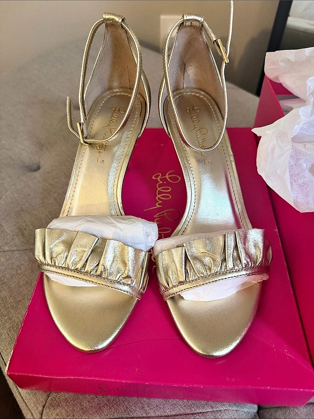 Lilly Pulitzer Carly Sandal Gold Heels US 7 NWT